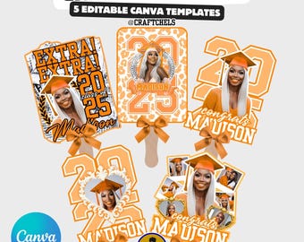 Plantilla de abanico naranja para graduación / Plantilla de Canva para abanicos de graduación (juego de 5) / Plantillas editables para abanicos de graduación / Abanico de paleta personalizado para graduación