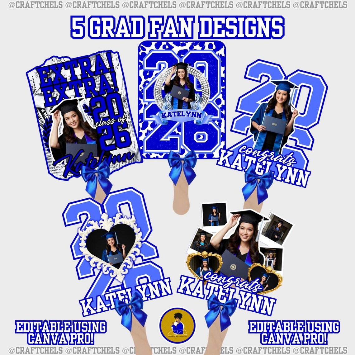 Blue Grad Fan Template | Graduation Fans Canva Template – Set of 5 ...