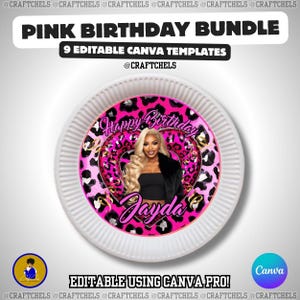 K&ouml;nnte beinhalten: Ein wei&szlig;er Pappteller mit einem rosa und schwarzen Leopardenmuster. Der Teller zeigt den Text "Happy Birthday" und den Namen "Jayda". Das Bild enth&auml;lt auch den Text "PINK BIRTHDAY BUNDLE" und "9 EDITABLE CANVA TEMPLATES". Das Design ist mit Canva Pro bearbeitbar.