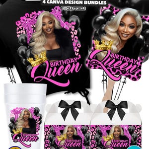 May include: A promotional image showcasing a birthday design bundle. The design features a woman with blonde hair, a crown, and the text "Birthday Queen" in pink. The design is displayed on a black t-shirt, a cup, and gift boxes. The image also includes the text "Multipurpose Designs" and "Editable Using Canva Pro!"