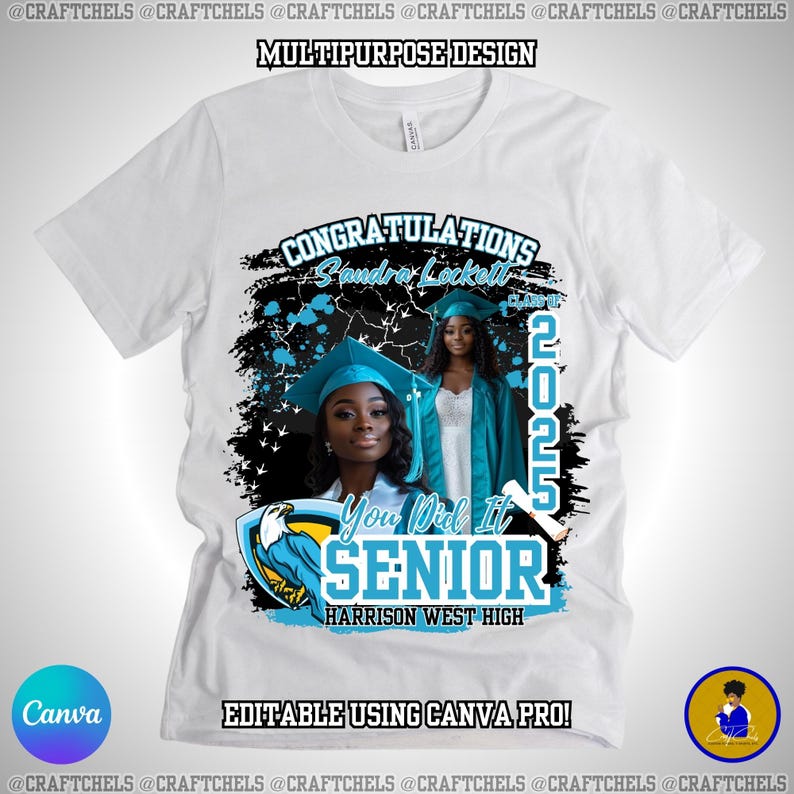 May include: White t-shirt with a graduation design. The design includes the text "CONGRATULATIONS Sandra Lockett", "You Did It SENIOR", and "HARRISON WEST HIGH". The design also features two photos of a graduate wearing a cap and gown, with the year 2025.