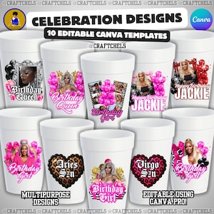 Styrofoam Cup Sticker Template | Set of 10 Celebration Canva Templates | Shirts, Cups, Buttons Design | Multipurpose Birthday Designs