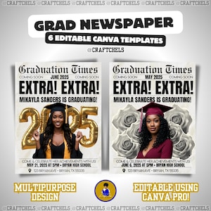 Pode incluir: Um design digital para um modelo de jornal de formatura. O design apresenta duas p&aacute;ginas de jornal simuladas com o t&iacute;tulo "EXTRA! EXTRA!" e o an&uacute;ncio "MIKAYLA SANDERS EST&Aacute; SE FORMANDO!". O design inclui o texto "6 MODELOS EDIT&Aacute;VEIS DO CANVA".