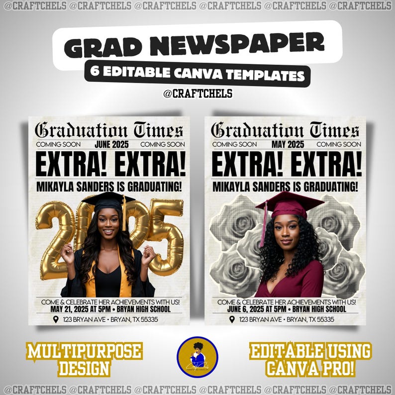 Pode incluir: Um design digital para um modelo de jornal de formatura. O design apresenta duas p&aacute;ginas de jornal simuladas com o t&iacute;tulo "EXTRA! EXTRA!" e o an&uacute;ncio "MIKAYLA SANDERS EST&Aacute; SE FORMANDO!". O design inclui o texto "6 MODELOS EDIT&Aacute;VEIS DO CANVA".