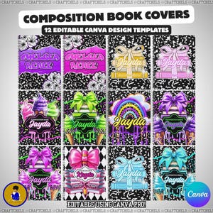 12 Composition Book Cover Designs | Canva Editable Templates | Back to School | Customizable Printable Notebook Cover | Composition Notebook