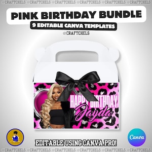 K&ouml;nnte beinhalten: Eine wei&szlig;e Geschenkbox mit einer schwarzen Schleife und einem rosa-schwarzen Leopardenmuster. Die Box zeigt den Text "PINK BIRTHDAY BUNDLE" und "9 EDITABLE CANVA TEMPLATES". Die Box enth&auml;lt auch den Text "HAPPY BIRTHDAY Jayda" und "EDITABLE USING CANVA PRO!"