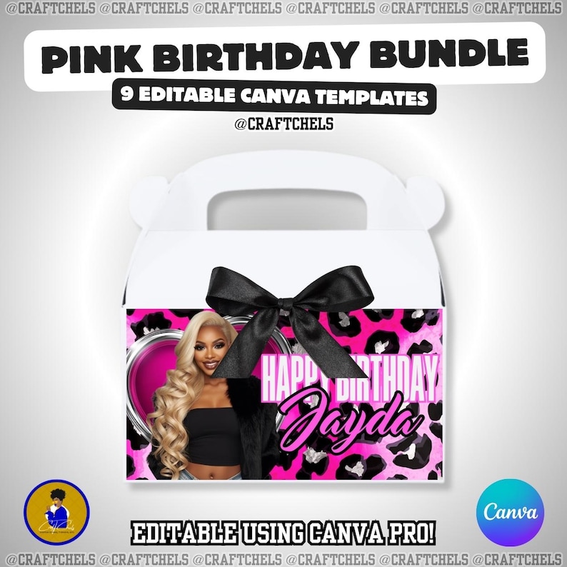 K&ouml;nnte beinhalten: Eine wei&szlig;e Geschenkbox mit einer schwarzen Schleife und einem rosa-schwarzen Leopardenmuster. Die Box zeigt den Text "PINK BIRTHDAY BUNDLE" und "9 EDITABLE CANVA TEMPLATES". Die Box enth&auml;lt auch den Text "HAPPY BIRTHDAY Jayda" und "EDITABLE USING CANVA PRO!"