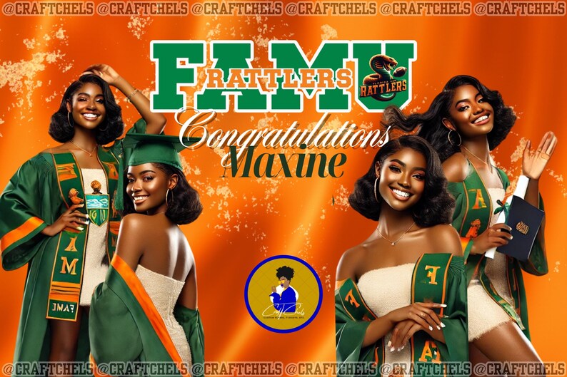 Op de afbeelding: Een afstudeeraankondiging met een collage van drie vrouwen die groene en oranje afstudeerjassen dragen. De tekst "FAMU Rattlers Congratulations Maxine" wordt in het midden van de afbeelding weergegeven.
