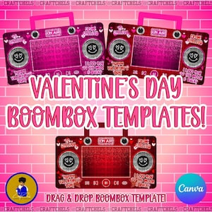 Könnte beinhalten: Valentinstag-Boombox-Vorlagen in Pink und Rot, mit dem Text "Valentine's Day Boombox Templates!" und "Drag & Drop Boombox Template!". Das Design umfasst Herzen, Smiley-Gesichter und die Worte "Happy Valentine's Day!" und "I love you to the moon & back!"
