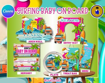 Plantilla Canva de transformación de paquete de baby shower "Surfeando a bordo" / Plantilla Canva de paquete de baby shower "Surfeando a bordo" / Babyshower