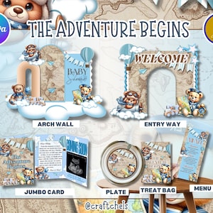 May include: A baby shower invitation set with a travel theme. The design includes a blue and brown color scheme with teddy bears, clouds, and the text "The Adventure Begins." The set includes an arch wall, entry way, jumbo card, plate, treat bag, and menu.
