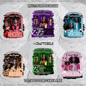 May include: White t-shirts with colorful graduation designs. Each shirt features a senior's name, school, and the year 2025. Designs include graphics, text, and images, with the text "You Did It Senior" prominently displayed. The shirts are customizable.