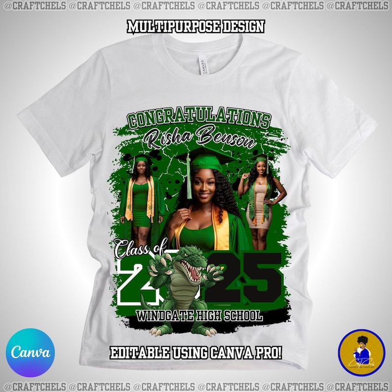 May include: White t-shirt with a graduation design. The design includes the text "CONGRATULATIONS Risha Benson", "Class of 2025", and "Windgate High School". It features images of a graduate and a green alligator.