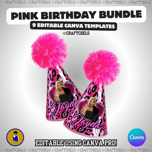 K&ouml;nnte beinhalten: Zwei rosa Geburtstagspartyh&uuml;te mit Leopardenmuster und einem flauschigen rosa Pompon oben. Jeder Hut zeigt ein Foto einer Person und den Namen "Jayda" in Schreibschrift. Der Text "PINK BIRTHAY BUNDLE" und "9 EDITABLE CANVA TEMPLATES" sind ebenfalls sichtbar.