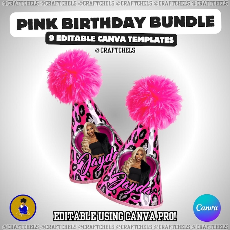 K&ouml;nnte beinhalten: Zwei rosa Geburtstagspartyh&uuml;te mit Leopardenmuster und einem flauschigen rosa Pompon oben. Jeder Hut zeigt ein Foto einer Person und den Namen "Jayda" in Schreibschrift. Der Text "PINK BIRTHAY BUNDLE" und "9 EDITABLE CANVA TEMPLATES" sind ebenfalls sichtbar.