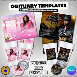 Peut inclure: Image promotionnelle pour des modèles d'avis de décès. L'image présente deux ensembles de modèles, un rose et un noir, avec des photos et du texte. Les modèles sont affichés sur des flyers, des gobelets et des badges. Le texte indique "Modèles d'avis de décès" et "Modifiable avec Canva Pro!"