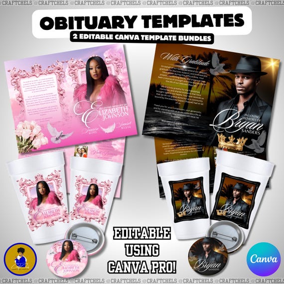 Obituary Template | Memorial Program Bundle | Pink & Black Sunset Funeral Templates | Canva Pro Editable Program, Button, Cup Sticker