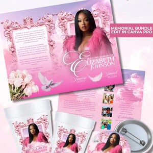 May include: A memorial bundle with a pink and white theme, featuring a portrait of a woman with pink accents. The set includes a flyer, cups, and a button, all with the text "In Loving Memory of Elizabeth Johnson."