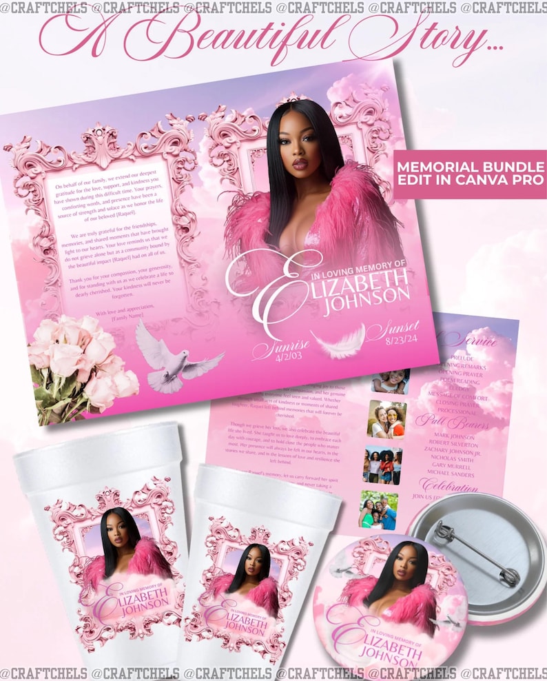 May include: A memorial bundle with a pink and white theme, featuring a portrait of a woman with pink accents. The set includes a flyer, cups, and a button, all with the text "In Loving Memory of Elizabeth Johnson."