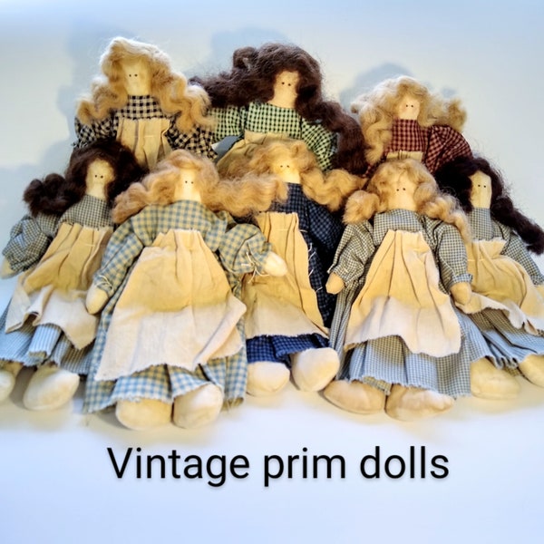 Vintage prim dolls, homespun fabric dress, handmade rustic country primitive decor, folk art rag doll, shelf sitter, doll collector gift