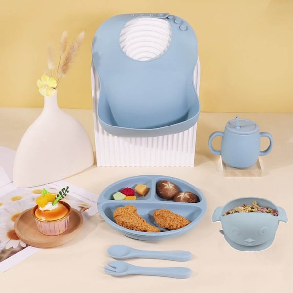 Coffret Repas Bebe, Lot de 6 pièces, Vaisselle pour Bébé Set Silicone avec Ventouse Assiette Bol Fourche Cuillère Bavoir et Tasse, Sans BPA