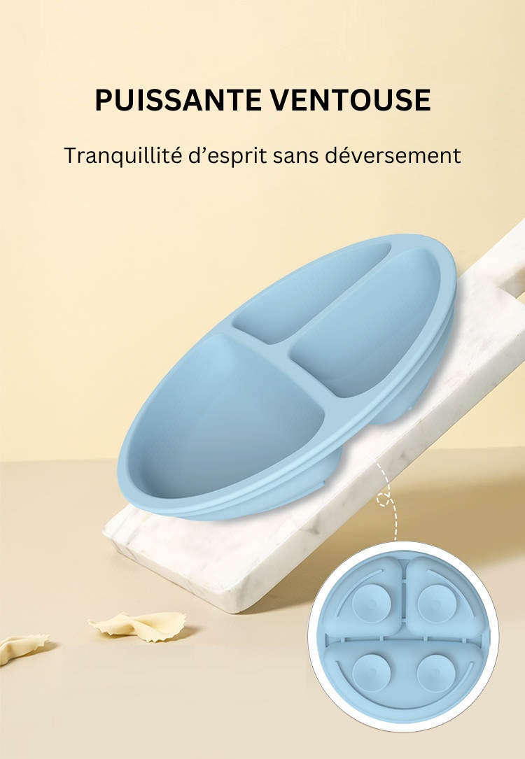 Set Repas Bébé 6 Pièces - Assiette Ventouse + Bol + Gobelet 2-en-1 + Couverts + Bavoir - Silicone Et Inox