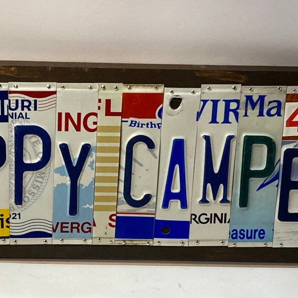 Unique, handmade, Happy Campers custom license plate sign. Perfect for the campers in your life!