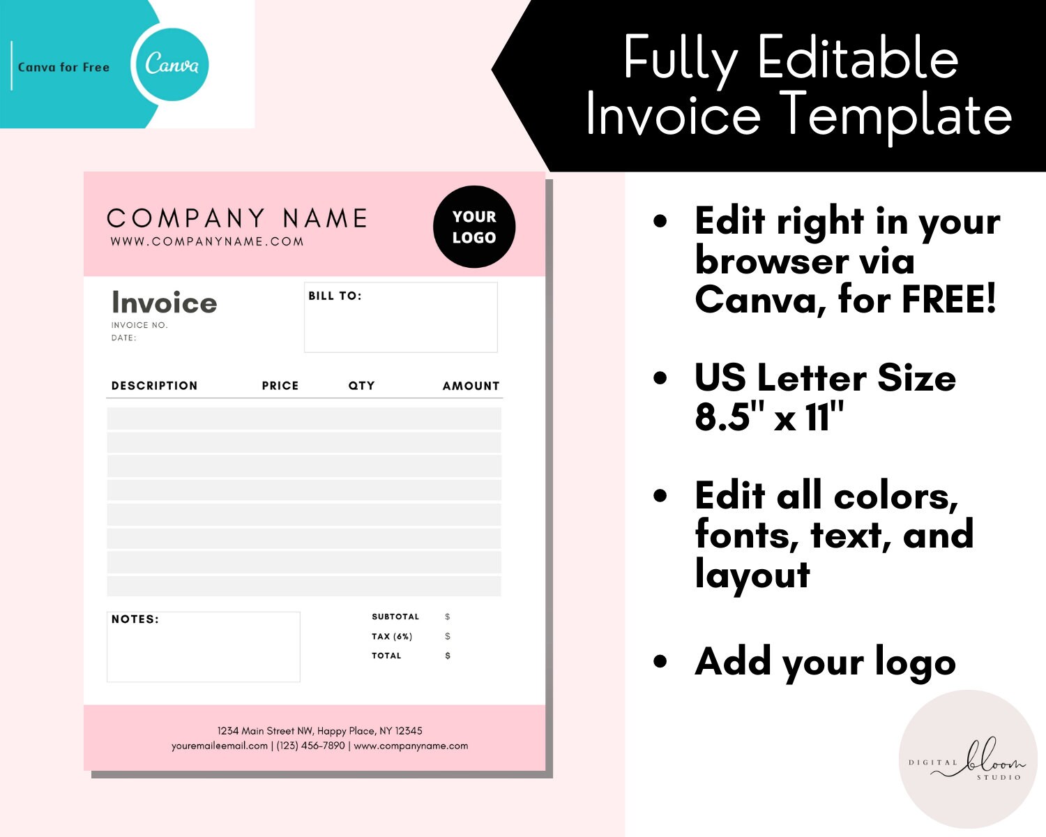 pink simple invoice template modern downloadable editable etsy