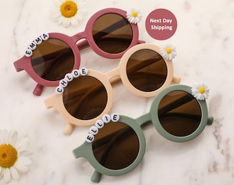 Floral Daisy Girls Personalized Name Sunglasses | Toddler Gift | Kids Gift | Babies Gift | Personalized Kids Sunglasses With Leather Case