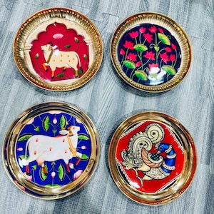 Bulk Pack of 18 Assorted Pichwai Design Brass Plates 6in