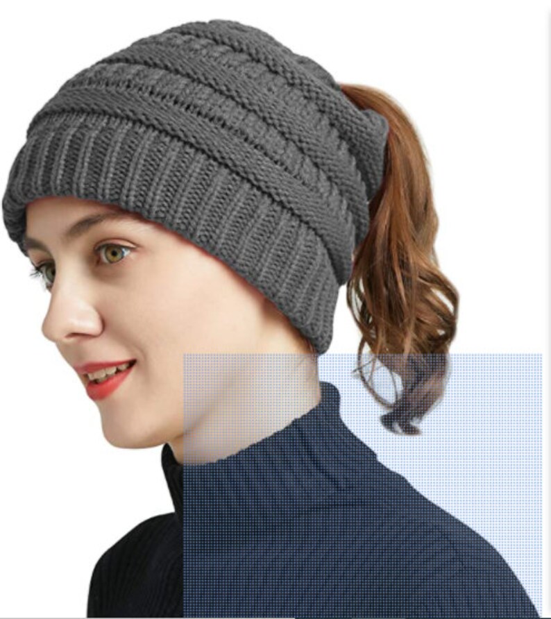 Women Ponytail Beanie Hat With Hole 
