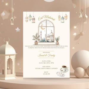 May include: An Eid Mubarak invitation card with a mosque illustration, plants, and a crescent moon. The card is on a beige background with decorative lanterns and stars. The text includes the date, time, location, and RSVP details.