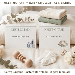 Nesting Party Task Cards Printable | Baby Shower Nesting Tasks | Minimal Green Neutral | Instant Download