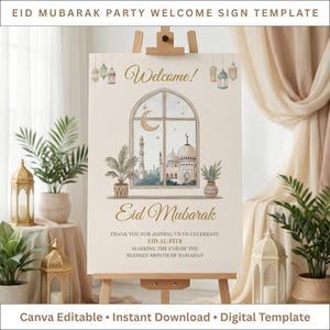 Puede incluir: Un letrero de bienvenida beige para Eid Mubarak, exhibido en un caballete de madera. El letrero presenta las palabras "Welcome!" y "Eid Mubarak" en escritura dorada. Se ve una ilustración de acuarela de una mezquita y una luna creciente.