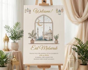 May include: A beige welcome sign for Eid Mubarak, displayed on a wooden easel. The sign features the words "Welcome!" and "Eid Mubarak" in elegant script. A watercolor illustration of a mosque and crescent moon is visible. The sign also includes text about Eid Al-Fitr.