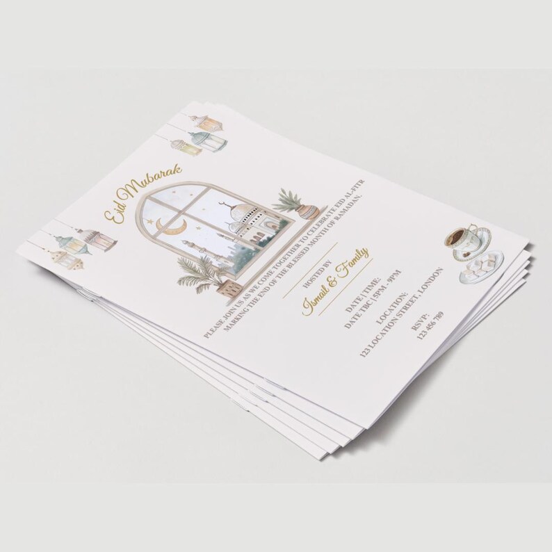 May include: A stack of white invitation cards with an Eid Mubarak theme. The cards feature a watercolor illustration of a mosque, crescent moon, and lanterns. Text includes "Eid Mubarak", "Ismail & Family", and event details.