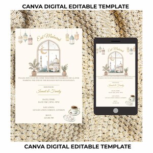 May include: A digital invitation template with the text "Eid Mubarak" and a watercolor illustration of a mosque, moon, and lanterns. The invitation is on a cream background with the text "CANVA DIGITAL EDITABLE TEMPLATE". A smartphone displays the same design.