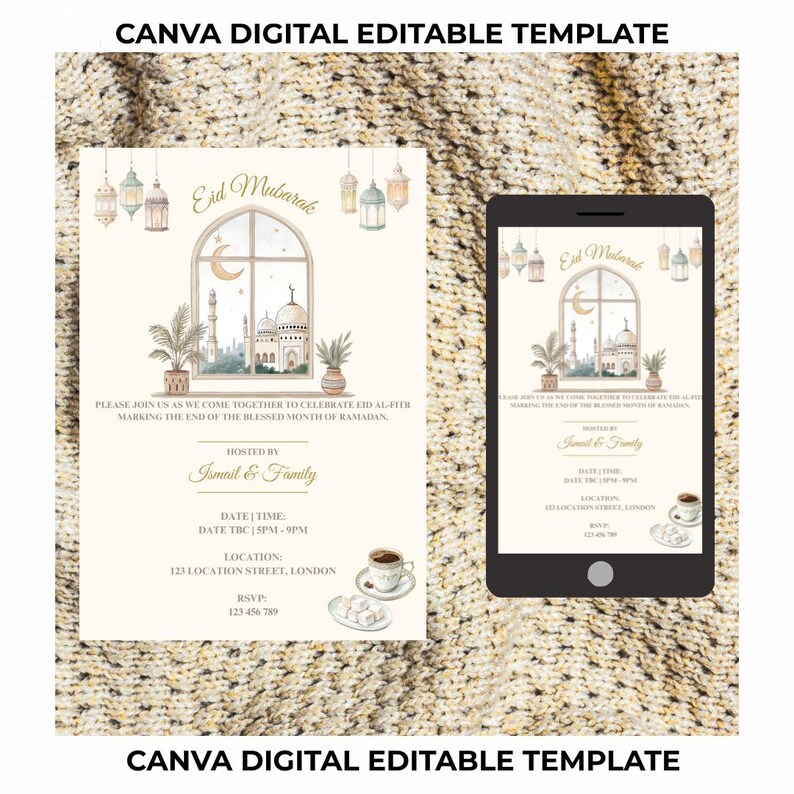 May include: A digital invitation template with the text "Eid Mubarak" and a watercolor illustration of a mosque, moon, and lanterns. The invitation is on a cream background with the text "CANVA DIGITAL EDITABLE TEMPLATE". A smartphone displays the same design.