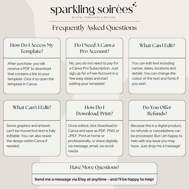 May include: A digital template design with the text "sparkling soirees" and "Frequently Asked Questions." The image includes six boxes with questions and answers about accessing, editing, and printing the template. The bottom of the image says "Send me a message via Etsy at anytime - and I'll be happy to help!"