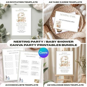 Paket med utskrivbara material för att bygga bo | Inbjudan, välkomstskylt, uppgiftskort, checklista (redigerbar i Canva, digital nedladdning)