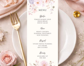 Modèle de menu floral pour mariage/événement| Toile modifiable | Menu imprimable rose lilas 4 x 9 (téléchargement numérique)