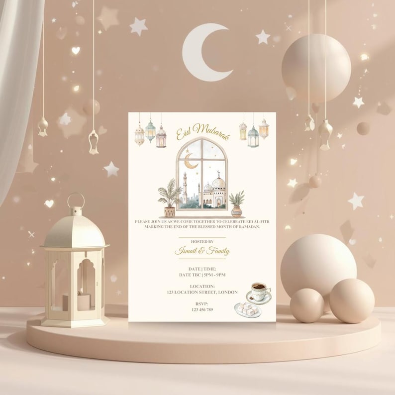 May include: An Eid Mubarak invitation card with a mosque illustration, plants, and a crescent moon. The card is on a beige background with decorative lanterns and stars. The text includes the date, time, location, and RSVP details.