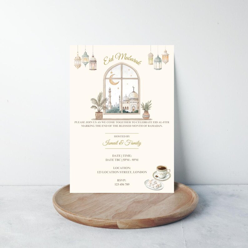 May include: An invitation card with the words "Eid Mubarak" at the top. The card features a watercolor illustration of a mosque, a crescent moon, and hanging lanterns. The text invites guests to celebrate Eid al-Fitr, hosted by Ismail & Family.