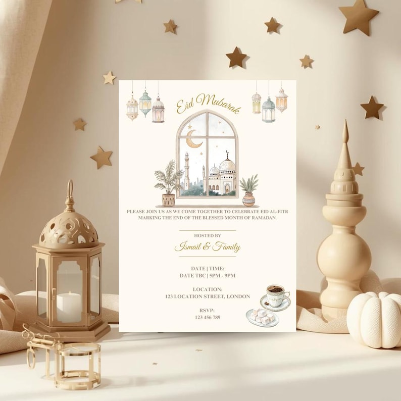 May include: An invitation card with the words "Eid Mubarak" at the top. The card features a watercolor illustration of a mosque, a crescent moon, and decorative lanterns. The card also includes details about the event, such as the date, time, location, and RSVP information.