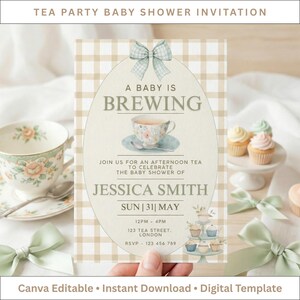 Invito per baby shower "Un bebè in arrivo" / Modello Canva A5 / Tema tè pomeridiano / Genere neutro