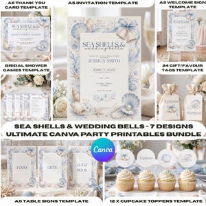 May include: A digital party printable bundle featuring a sea shells and wedding bells theme. The set includes templates for A6 thank you cards, A5 invitations, A2 welcome signs, gift tags, table signs, and cupcake toppers with blue accents.