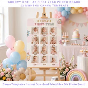 May include: A rectangular photo board template titled OLIVIA'S FIRST YEAR featuring a grid of twelve baby photographs labeled from one month to twelve months. The design includes pastel checkerboard patterns, a disco ball, and flower graphics.