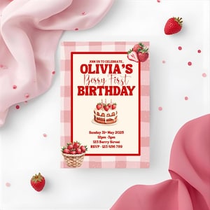 Berry First Birthday Invitation Template | Editable Canva Design | Strawberry Party Invite | Instant Download
