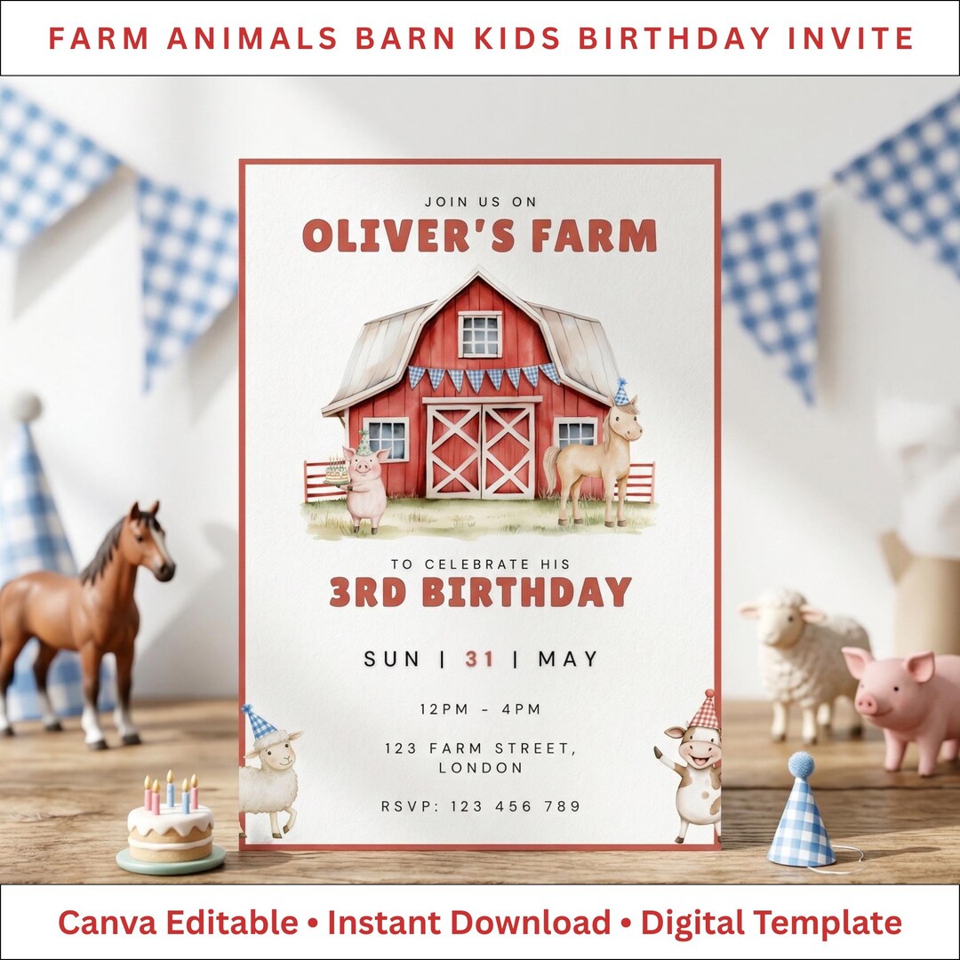 Farm Birthday Invitation Template | Canva Editable | Barnyard Animals ...