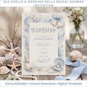 May include: A rectangular bridal shower invitation card featuring a watercolor border of blue seashells, starfish, pearls, and wedding bells tied with a blue ribbon. The text reads Sea Shells & Wedding Bells, honoring Jessica Smith, Sunday 31 August.